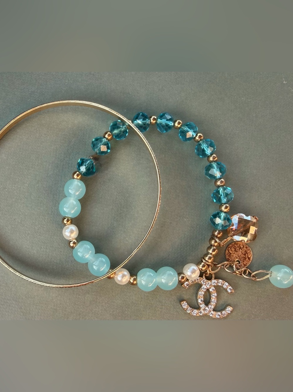 CC Crystal & Aqua Bead Charm Bracelet Set with Logo Pendant and gold tone bangle
